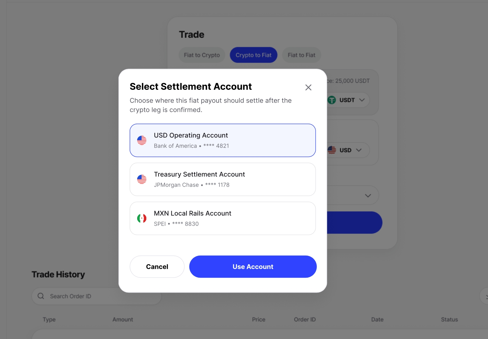 Consenso crypto to fiat settlement account selection