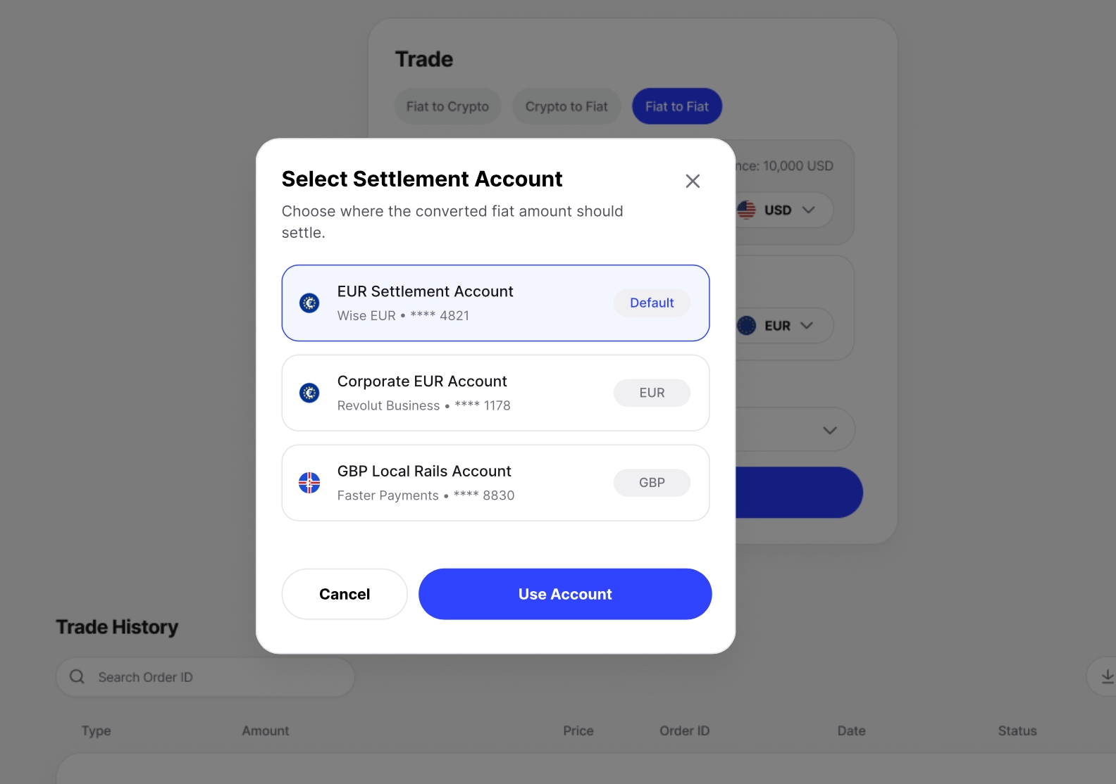Consenso fiat to fiat settlement account selection